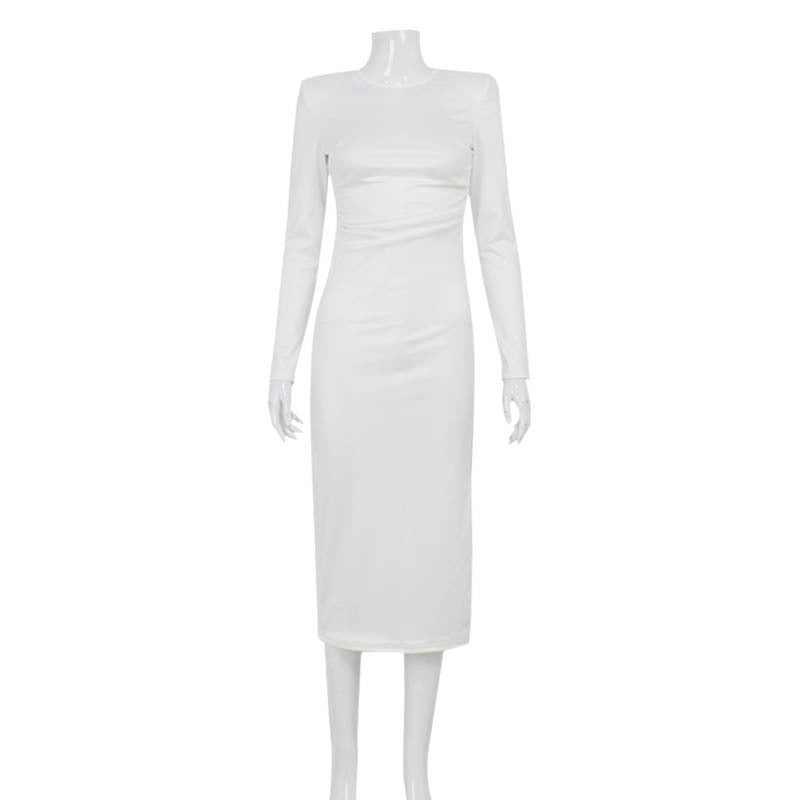 Fall Women Clothing Elegance Solid Color Slim Fit Slimming Waist Padded Shoulder Split Dress