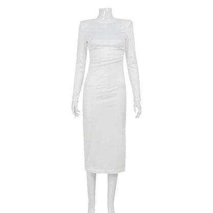 Fall Women Clothing Elegance Solid Color Slim Fit Slimming Waist Padded Shoulder Split Dress