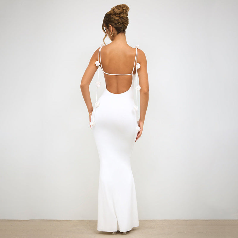 Best Women Clothes Sexy Evening Dress Backless Bandage Three Dimensional Floral Decoration Hip Spaghetti Straps Dress