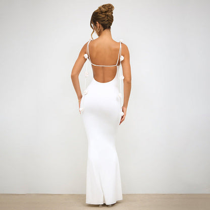 Best Women Clothes Sexy Evening Dress Backless Bandage Three Dimensional Floral Decoration Hip Spaghetti Straps Dress