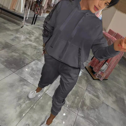 Casual Sequin Pocket Sports Hooded Sweatshirt Sweatpants Suit