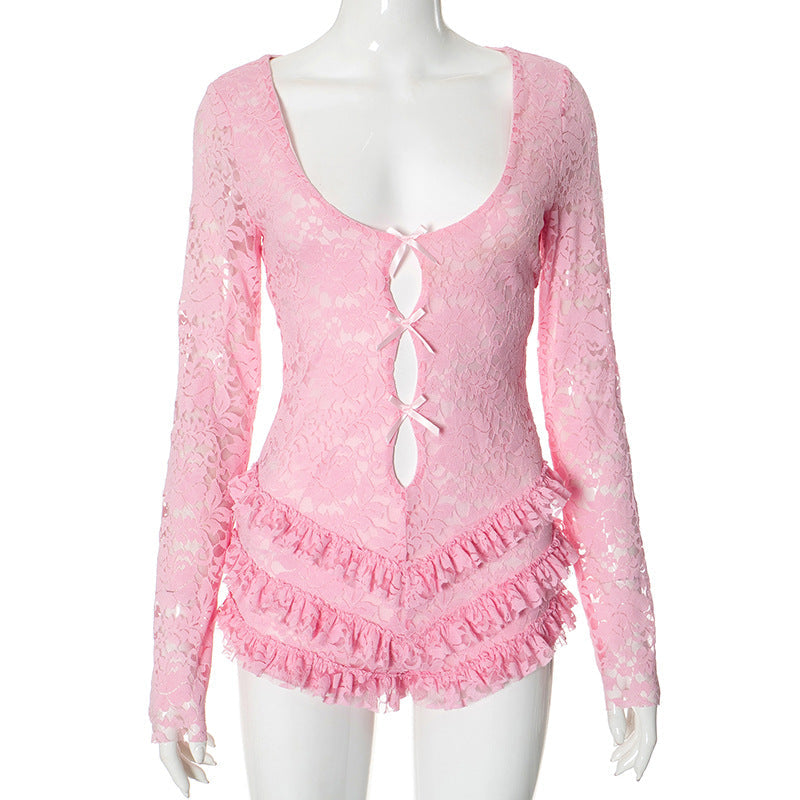 Women Clothing Low Collar Lace Stitching Sexy Slim Fit Romper