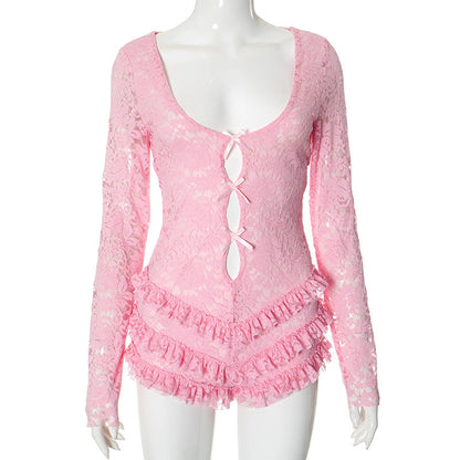Women Clothing Low Collar Lace Stitching Sexy Slim Fit Romper