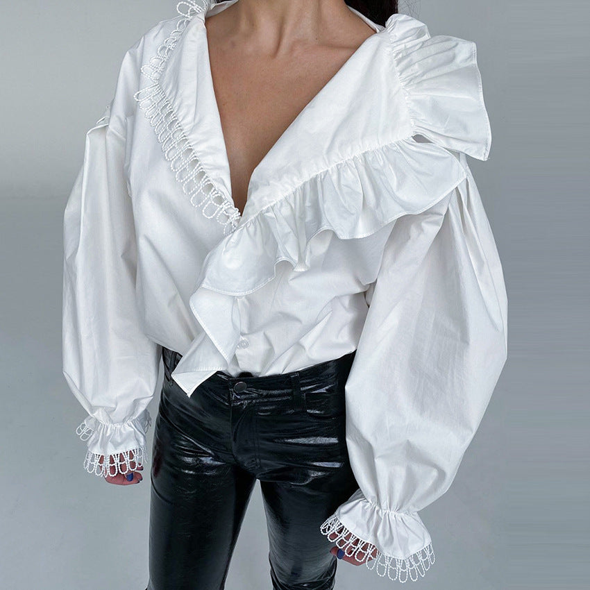 Ruffled Deep V-Neck Lace Trim Blouse