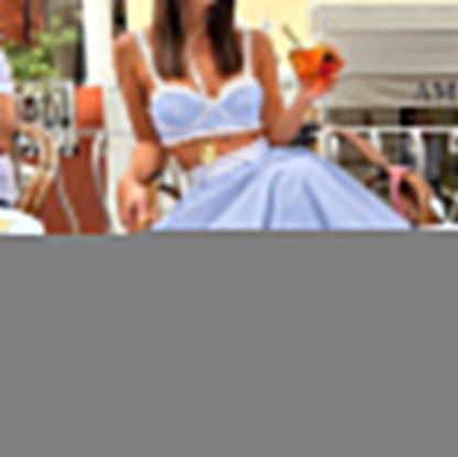 Early Spring Lace Splicing Sling Vest Sexy Women Clothing High Waist Big Swing Skirt Two Piece Set