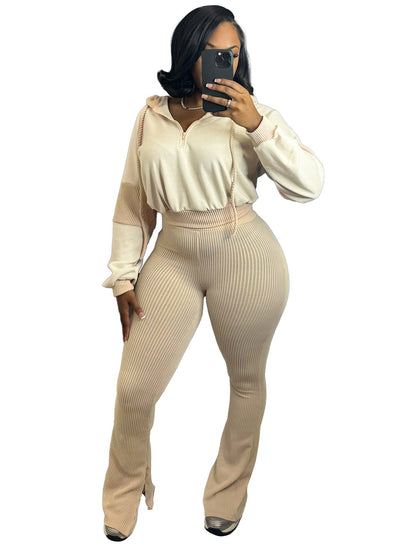 Women Clothing Twist Strip Sweater Stitching Hooded Bell Bottom Pants Two Piece Sets