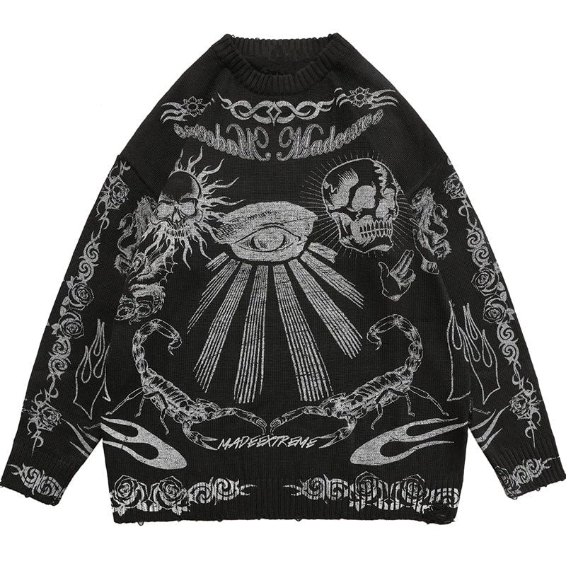 Harajuku Y2K Skull V-Neck Knit Sweater