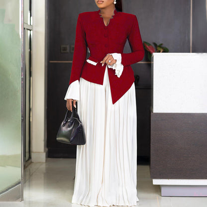 Elegant Office Bell Sleeve Top Pleated Wide Leg Pants Two Piece Set Sets