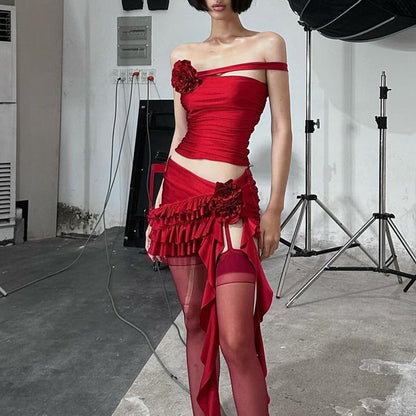 Spring Women Clothing Sexy Sweet Spicy Elegant Slim Floral Top Hip Skirt Set