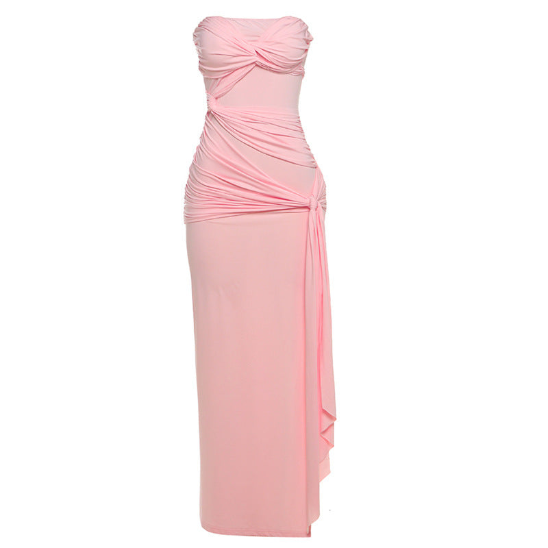 Spring Women Clothing Sexy Twisted Backless Side Slit Tube Top Solid Color Dress