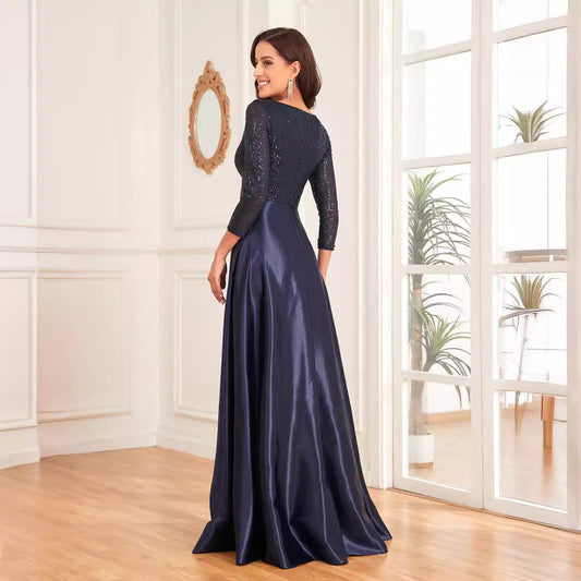 Blue Color Sequin V neck Long Sleeve Dress Satin Dress Slim Fit A line Dress Bridesmaid Cocktail Evening Dress
