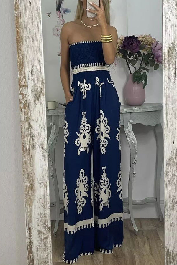 Street Hipster Wrapped Chest Printed Jumpsuit High Waist Casual Pants Women