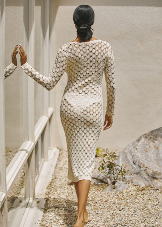 Soleil Mesh - Crochet Button-Front Midi Dress