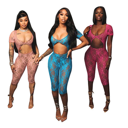 Women Clothing Spring Sexy Lace Stitching U Collar Short Sleeve Cropped Hollow Out Cutout Siamese Shorts