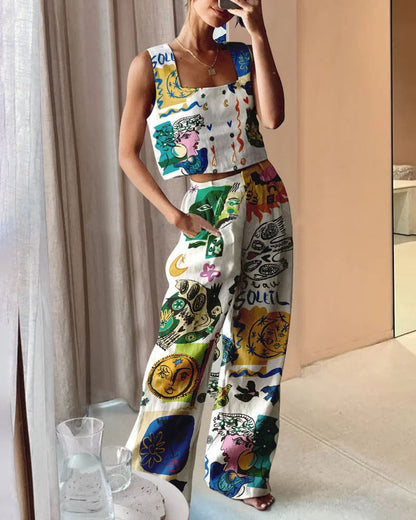Printed Wide Leg Pants Vest Casual Two Piece Set Women Amplified craft