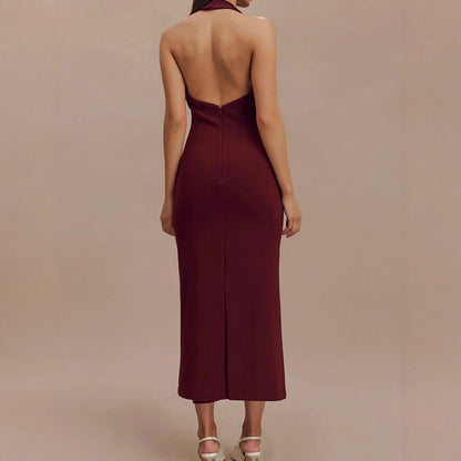 Sexy Women Clothing Sexy Backless V neck Midi Dress Skinny Sheath Split Halter Dress