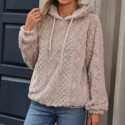 Autumn Winter Women Clothing Plush Jacquard Fabric Long Sleeve Loose Hooded Pullover Sweatshirt
