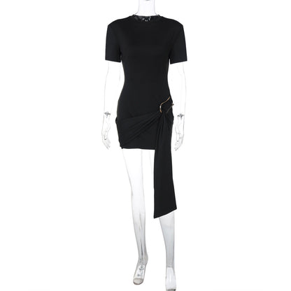 Women Clothing Spring Metal Buckle Decoration round Neck Half Sleeve Short Dress
