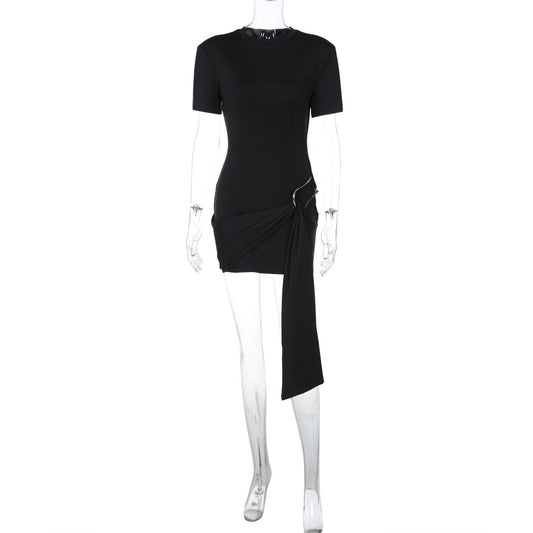 Women Clothing Spring Metal Buckle Decoration round Neck Half Sleeve Short Dress