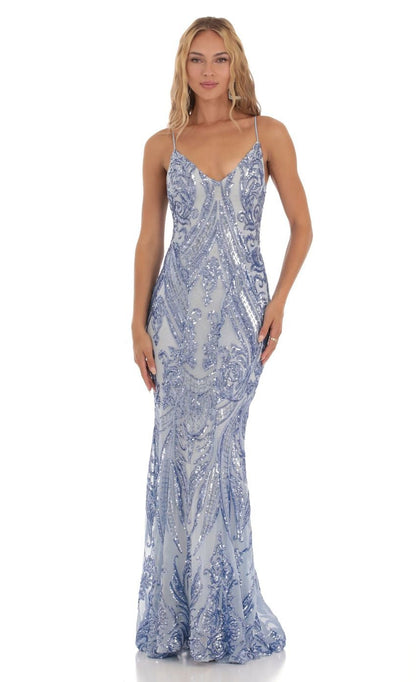 Women Clothing Sexy Sky Blue with Spaghetti Straps Sequ Dress Lace Dress Evening Dress