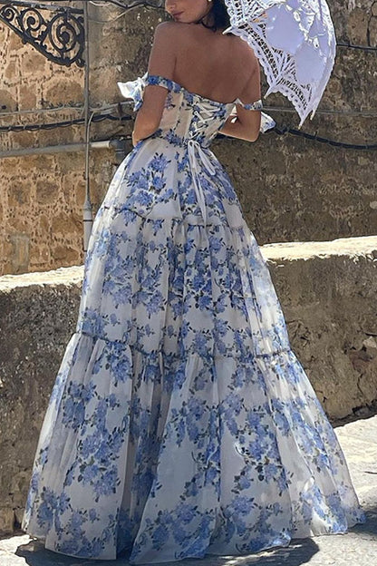 Fairytale Itself Organza Floral Print Tie Strap Maxi Dress