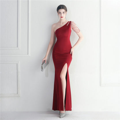 Craft Beaded One Shoulder Diagonal Collar Split Maxi Dress Performance Dinner Dress