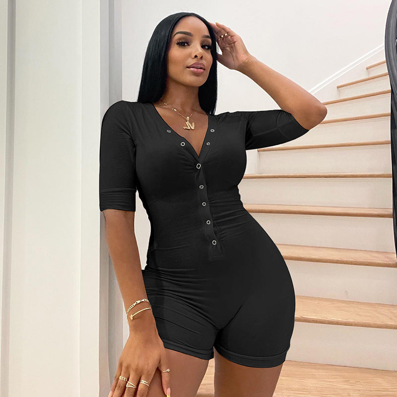 Street Casual Women Solid Color Basic Slim V neck Single Row Buckle Mid Sleeve Jumpsuit