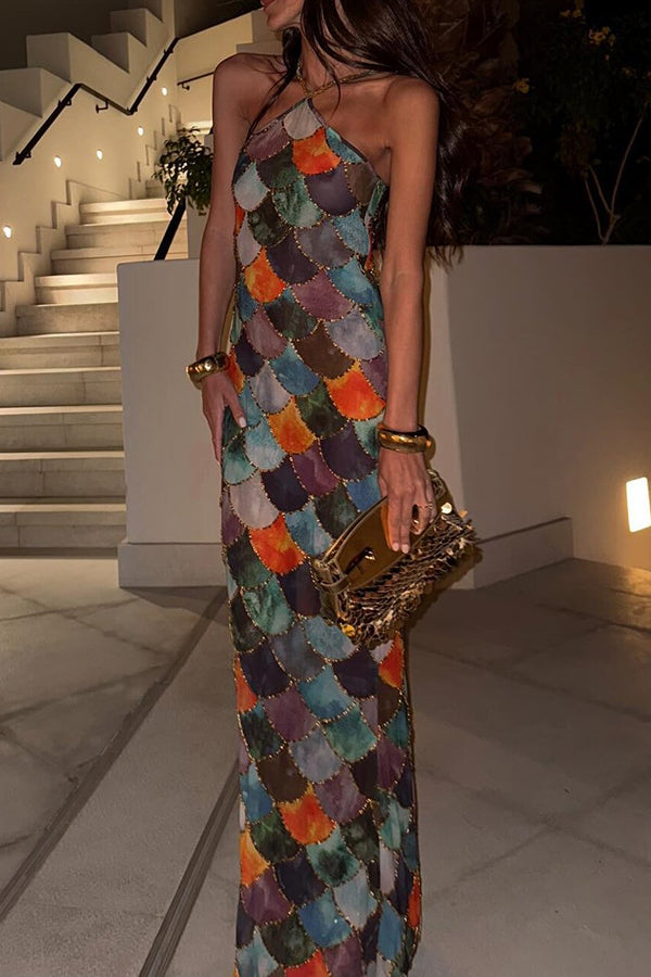 Little Mermaid Colorful Scales Print Halter Maxi Dress