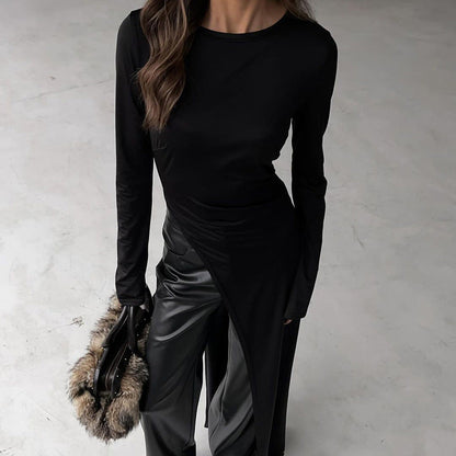Spring Autumn Irregular Asymmetric Slit Solid Color round Neck Long Sleeved Dress Women Clothing