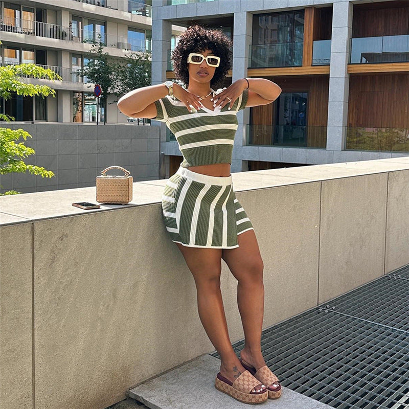 Women Clothing Autumn Polo Collar Short Sleeve Striped Color Matching Knitted Short Slim Hip Skirt Set