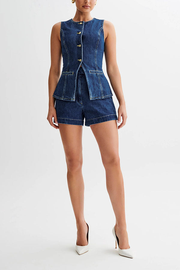 Abel Denim Button Up Princess Seams Pocket Vest Top