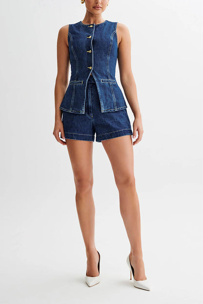 Abel Denim Button Up Princess Seams Pocket Vest Top