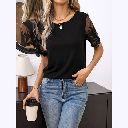 Women Clothing Summer Elegant Knitted Patchwork round Neck T shirt Loose Mesh Patchwork Top