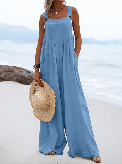 Summer New Women National Fashion Solid Color Buttons Sling Wide Leg Trousers Jumpsuit