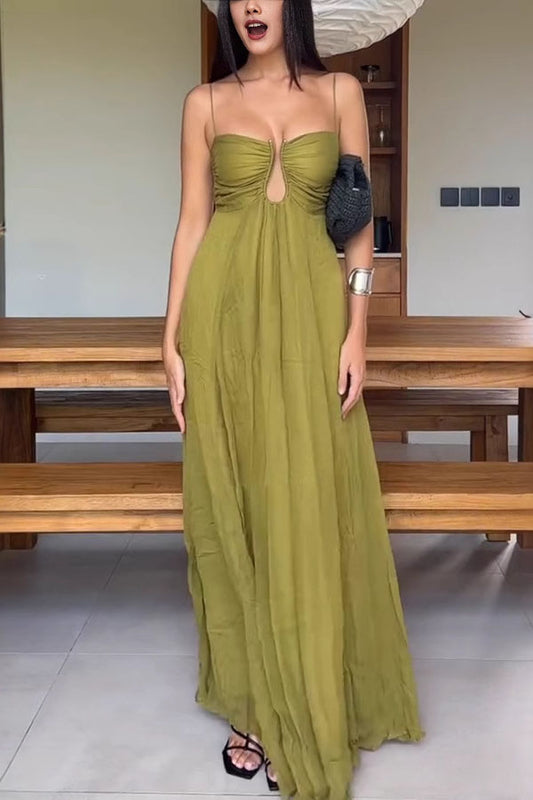 Soft and Elegant Metal Hollow Design Back Smocked A-line Slip Maxi Dress