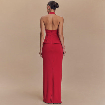 Spring Solid Color Halter Top Sexy Backless Slim Fit Maxi Dress Two Piece Set