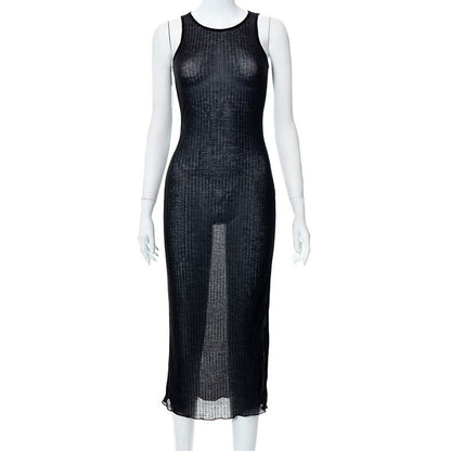 Women Clothing Spring Summer Thread Solid Color round Neck Sleeveless Micro Transparent Casual Dress