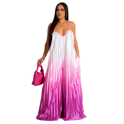 Women Clothing Sexy Deep V Plunge Sling Backless Wide Leg Pants Gradient Jumpsuit