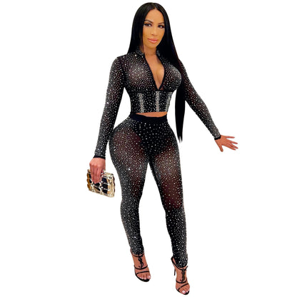 Nightclub Rhinestone V-neck Long-Sleeved Trousers Women Two Piece Suit