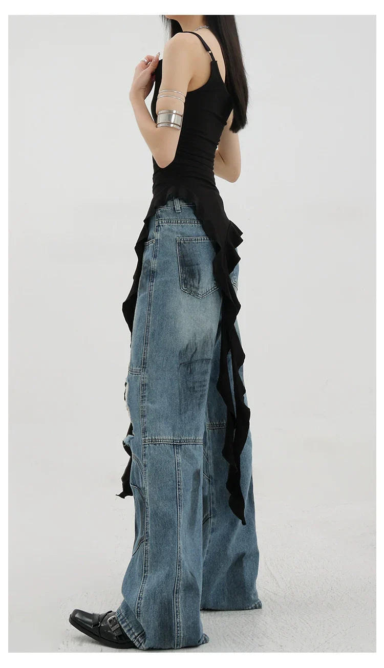 Vintage Distressed And Dirt-Dyed Patchwork Wide-Leg Jeans