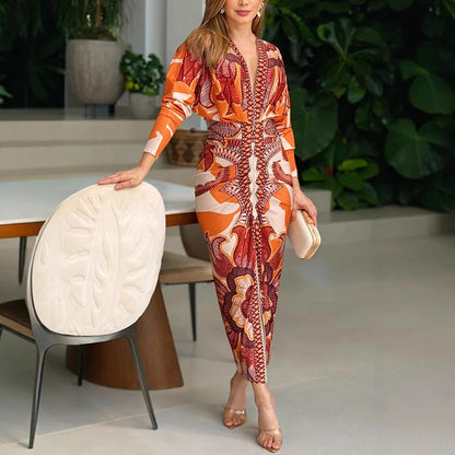 Women Clothing Printed Sexy V neck Long Sleeve Split Dress Women