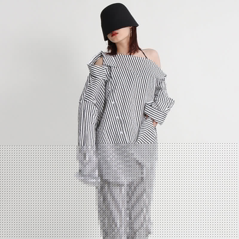 Urban Casual Simple Autumn Irregular Asymmetric Multi Way Shirt Mid Waist Straight Trousers Striped Set