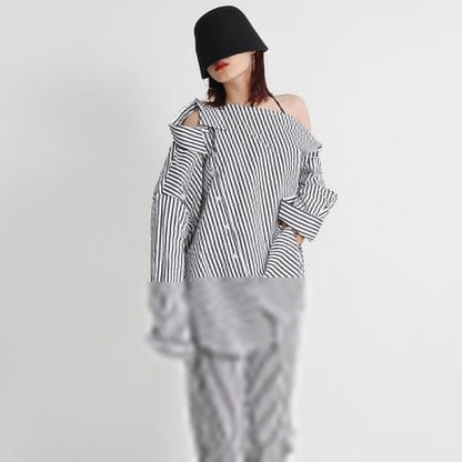 Urban Casual Simple Autumn Irregular Asymmetric Multi Way Shirt Mid Waist Straight Trousers Striped Set
