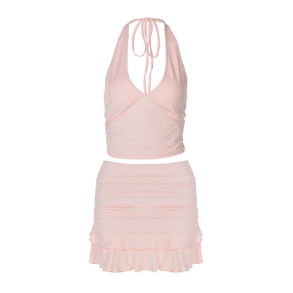 Sexy V neck Hollow Out Cutout out Halter Vest Tight Ultra Short Solid Color Stringy Selvedge Skirt Outfit Two Piece Set