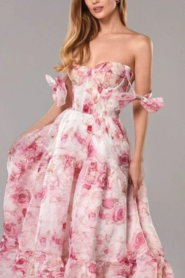Fairytale Itself Organza Floral Print Tie Strap Maxi Dress