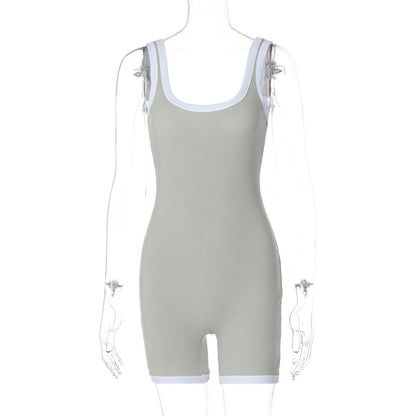 Women Clothing Summer U Collar Contrast Color Strap Tight Sports Yoga Jumpsuit