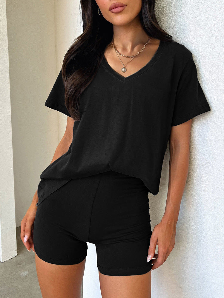Short Sleeve Spring Summer V neck Casual Solid Color Set Women
