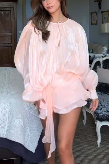 Ninah Glitter Fabric Pleated Balloon Sleeve Tiered Ruffle Hem Mini Dress