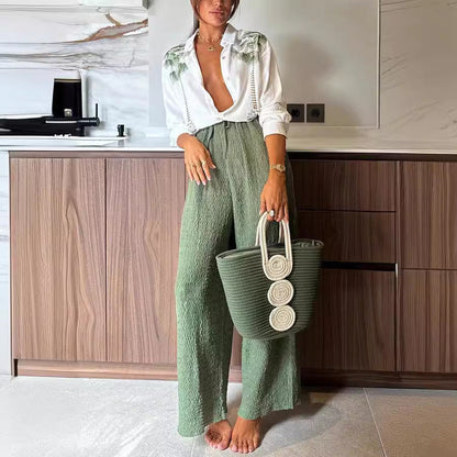 Spring Autumn Printed Long-Sleeved Single Breasted Trousers Suit Casual Loose Two Piece Suit