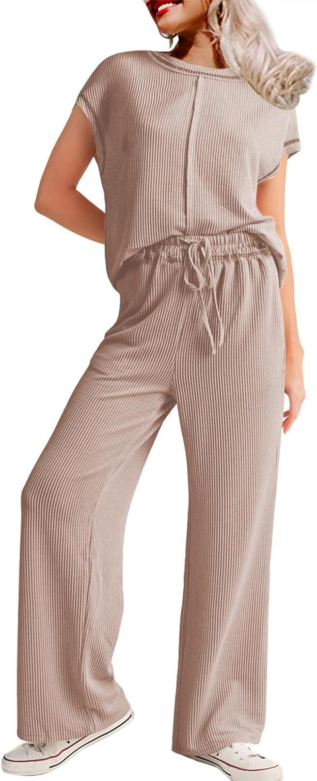 Spring Summer Casual Women Three Quarter Sleeve Rope Solid Color Office Trousers Set Women